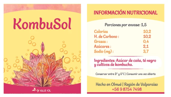 Etiqueta de KombuSol: azúcar de caña, té negro y cultivos de kombucha, hecho en Olmué, Región de Valparaíso